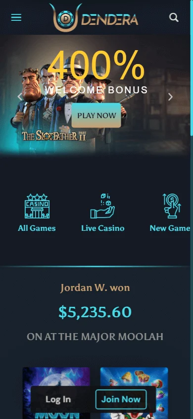 Dendera Casino home interface on a mobile device