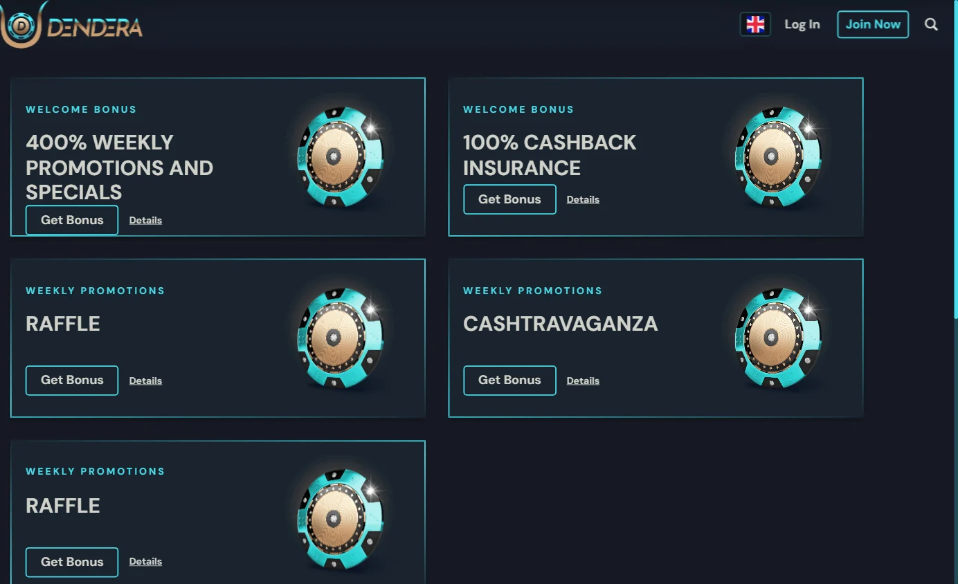 Dendera Casino promotions interface on desktop