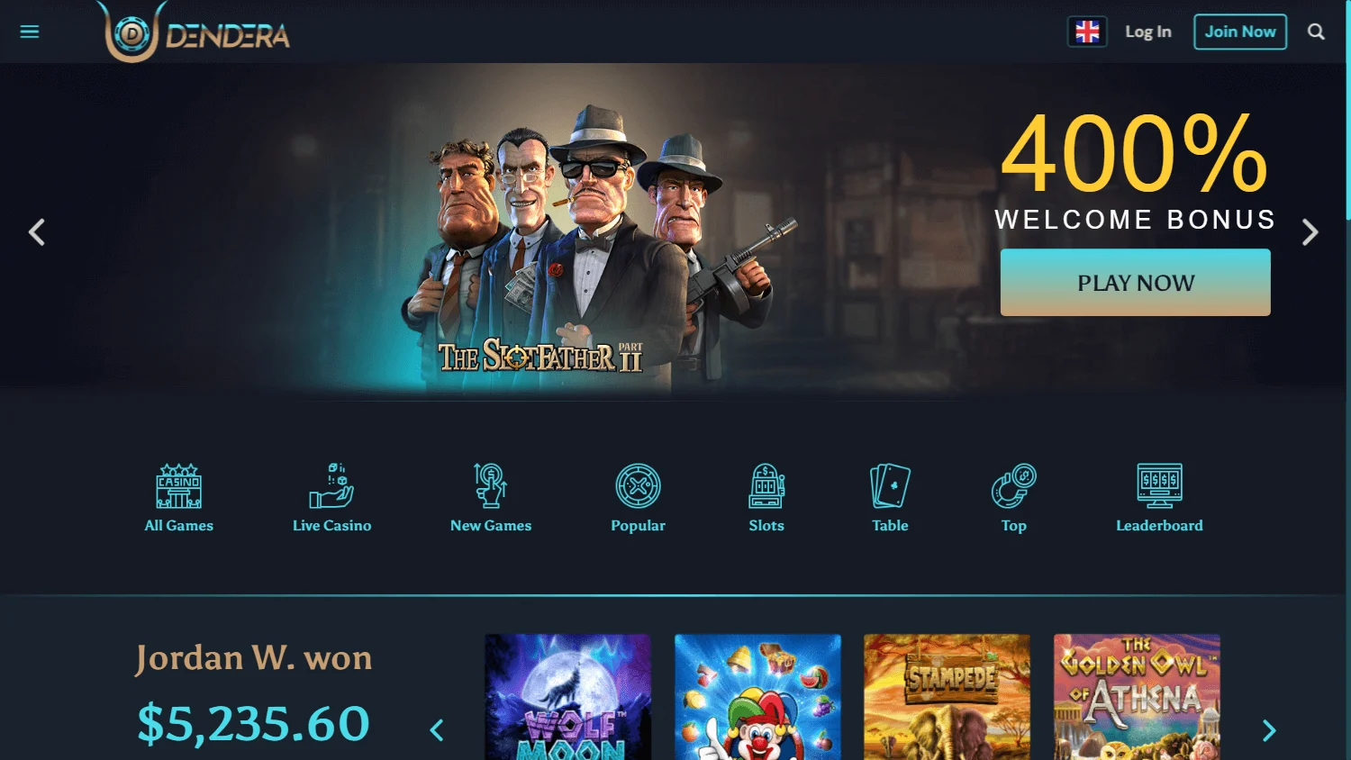 Dendera Casino home interface on desktop