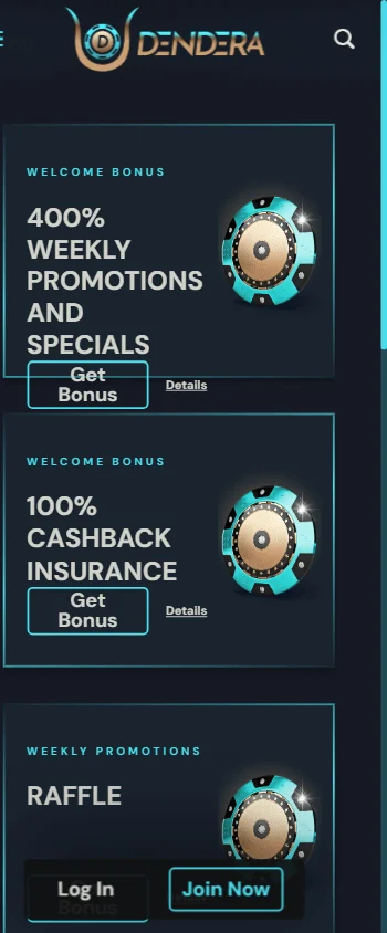 Dendera Casino promotions interface on a mobile device